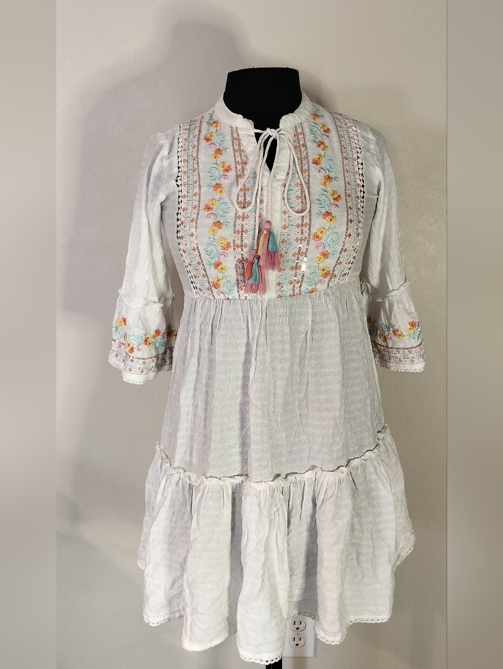 White Embroidered Mini Dress with Tassels